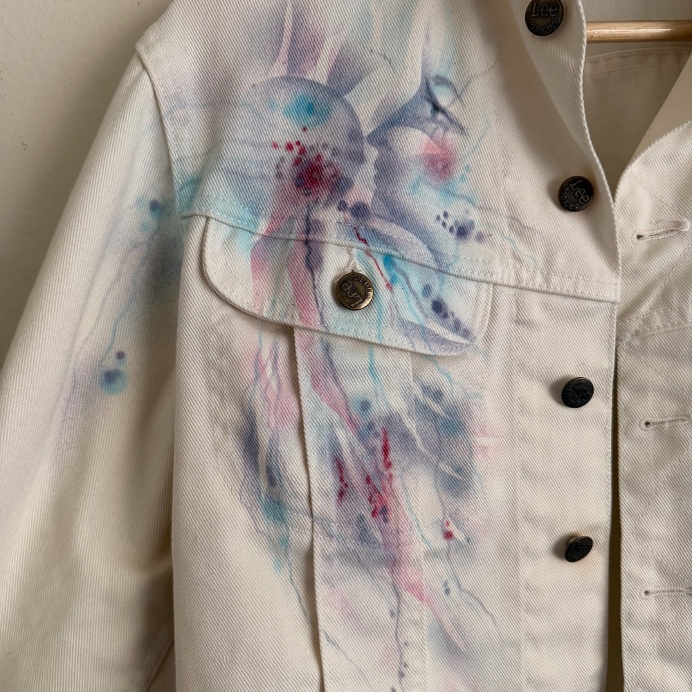 Vintage Lee Riders Hand Painted Denim Jacket White Artsy Boho Watercolor OOAK - Picture 6 of 12